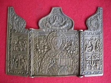 Russian Travel Triptych Icon In Gilded Bronze St. Nicholas.Selected Saints 19th
