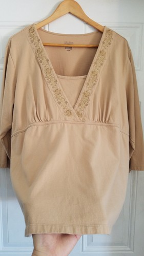 Women's Classic Elements 100% Cotton Breathable Tan Embroidered Knit Top 20-22W - Picture 3 of 12