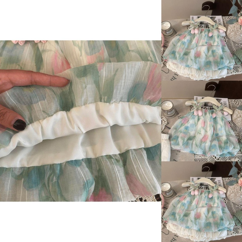 Elegant Blue Tulip Flower Print Two Piece Set For Girls Summer Wardrobe