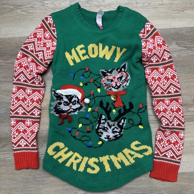 No Boundaries Sweater Junior Women M Meowy Christmas Cats Bell Sequins Ugly EUC