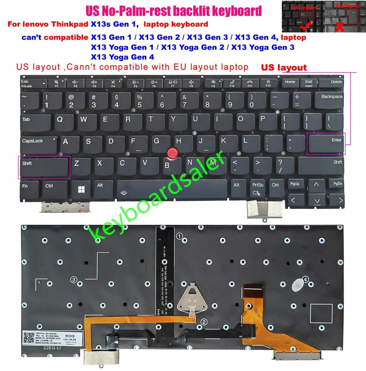 New US without-Palmrest Backlit Keyboard For Lenovo Thinkpad X13s
