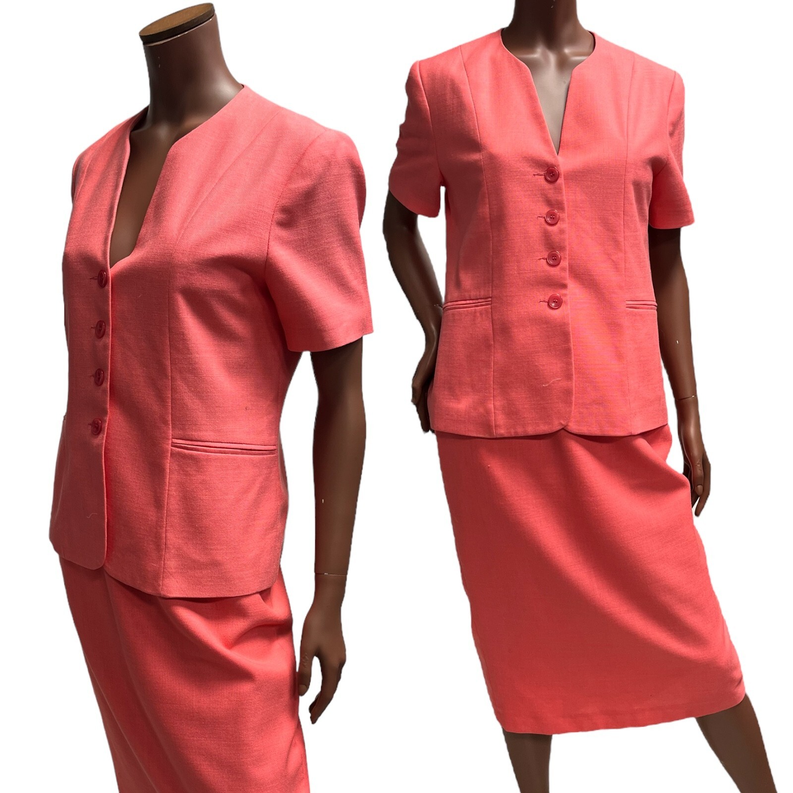 Vintage 80's Melocotón Falda Traje 12 Coral Blazer / Lápiz Set Elegante