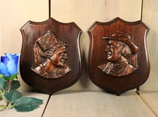 French Antique PAIR Hand Carved Wooden BRETON Wall Panels Figural Pediment