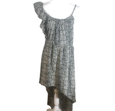 High Low Maxi Dress Womens M Black Ivory Rayon Ruffle Shoulder Asymmetric