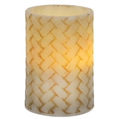 NEW Primitive Basket Weave PILLAR CANDLE Wax Battery Op Timer 4'' x 3'' LED Farm