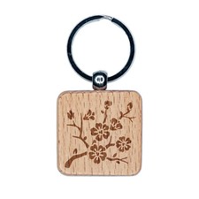 Cherry Blossom Sakura Floral Flower Bud Branch Engraved Wood Square Keychain