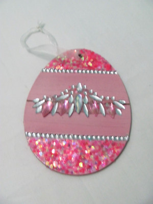 HAND DECORATED PINK EASTER EGG ORNAMENT W/ GEMSTONE EMBELLISHMENTS & GLITTER