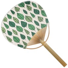 Japanese Uchiwa Flat Fan Hand Held Bamboo Handle Green Leaves Pattern Design