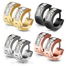 PAIR Lined Square Gems Set Front Stainless Steel Huggee Hoop Men Women Earrings