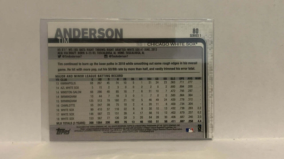 #80 Tim Anderson Chicago White Sox 2019 Topps Series 1 Baseball Card - Image 2 of 2