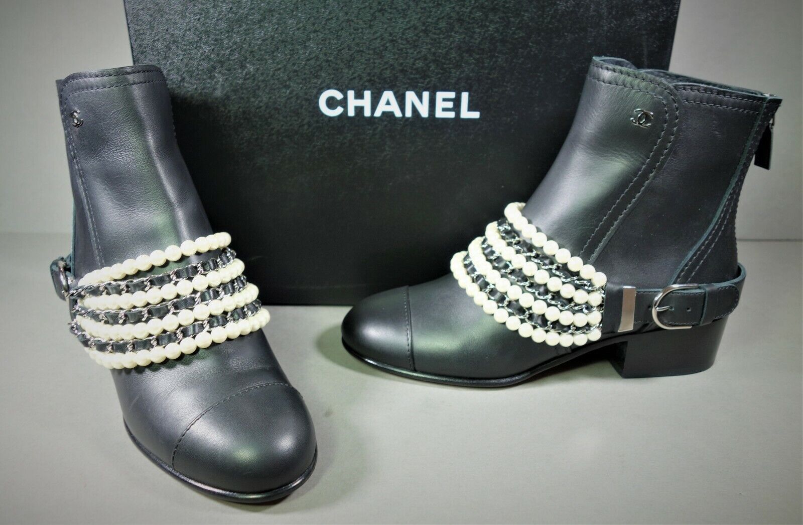 CHANEL 36 Black Leather Pearls Bootie Short Ankle Boots Biker