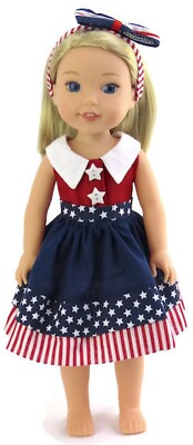 Patriotic Dress & Hairband for Wellie Wishers 14 1/2 inch Doll Clothes Girl