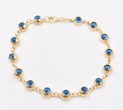 Multi Round Evil Eye Polished Blue Luck Charm Bracelet Real 14K Yellow Gold 7.5''