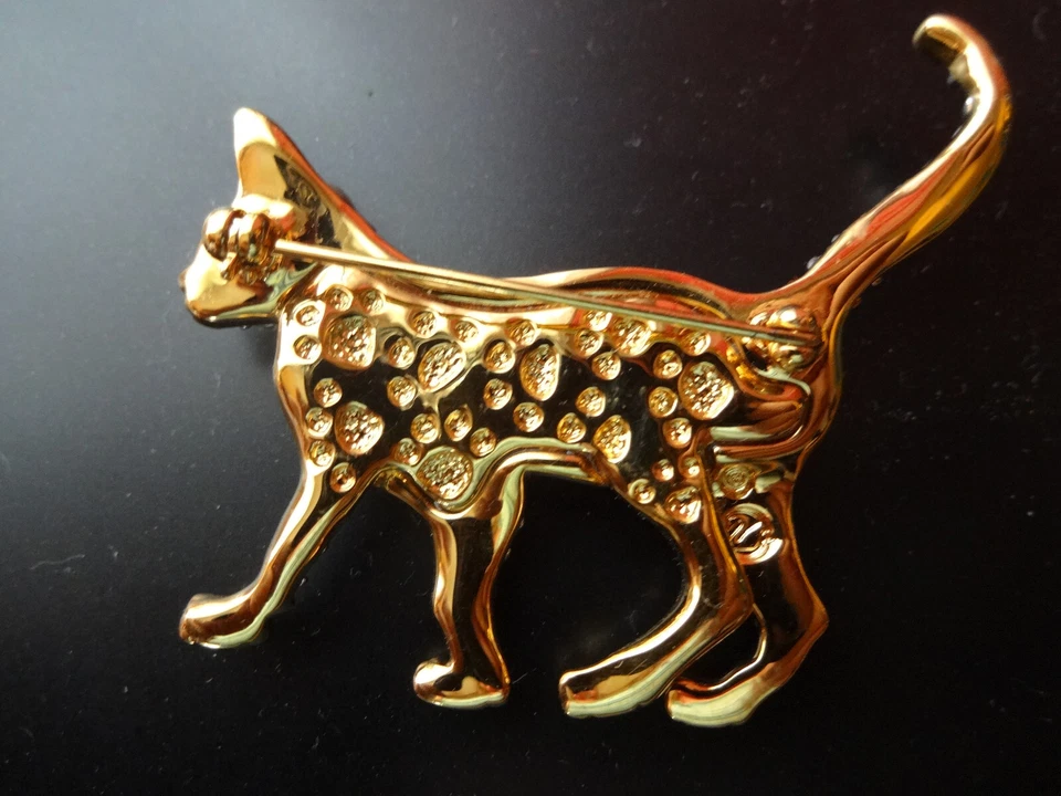 Broche prendedor SWAROVSKI cristal transparente gatito gato ojos verdes esmeralda tono dorado Foto 3 de 4