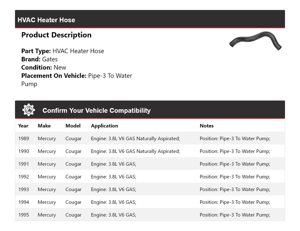 For 1989-1995 Mercury Cougar HVAC Heater Hose Pipe-3 To Water Pump Gates 1990 - Image 2 of 4