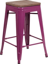 24" Industrial Style Purple Metal Counter Height Stool with Wood Seat