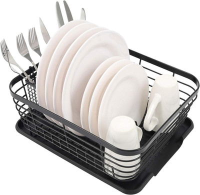 Kitchen Dish Drainer Rack with Drying Board and Full-Mesh Silverware Utensils Ho