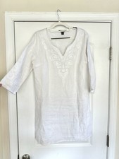 Tommy Bahama Embroidered Linen Tunic Shift Dress White Small Coastal 3/4 Sleeves