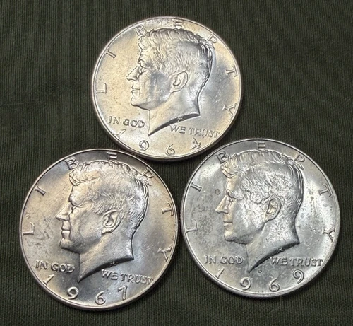 Three Silver Kennedy Half Dollars 1964-P, 1967-P & 1969-D- Uncirculated
