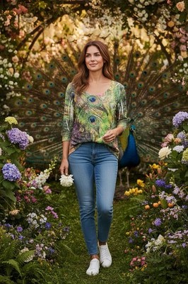 Jess & Jane Women's M Peacock Tail Motif Pleated 3/4 Sleeve Shirt