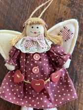 Fabric Angel Doll Christmas Ornament With Heart Accents & Hanging Cord