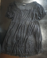 Shein Curve Black Patterned Babydoll Dress with poof cap sleeves and sequin trim