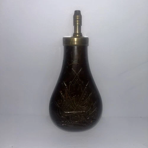 Vintage Cooper and Brass Gun Powder Flask with Civil War Design