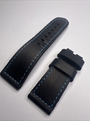 Panerai  26mm - 22mm Black Leather Strap Band w/ Blue Stitching For Use w/ Tang