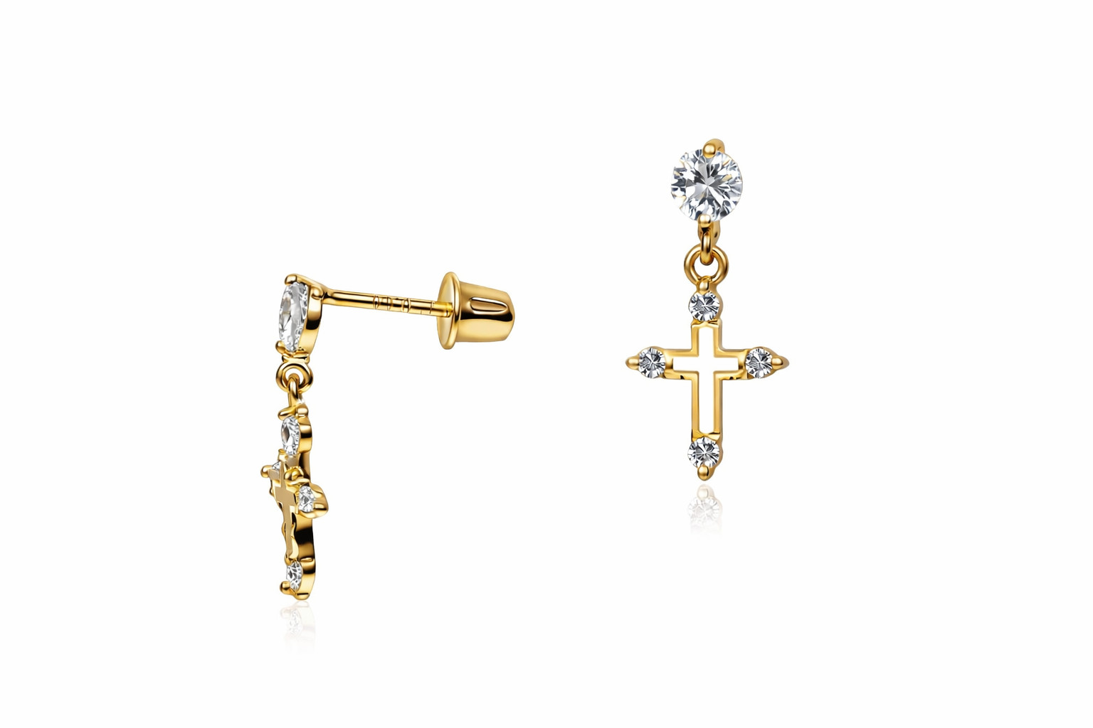 14K Yellow or White Gold Cubic Zirconia CZ Cross Dangle Earrings
