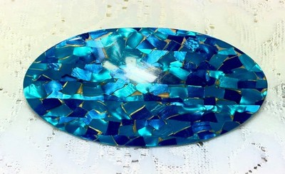 Vintage 80's Made In France 4'' Oval Shades of Blue Mosaic Inlaid Hair Barrete B2