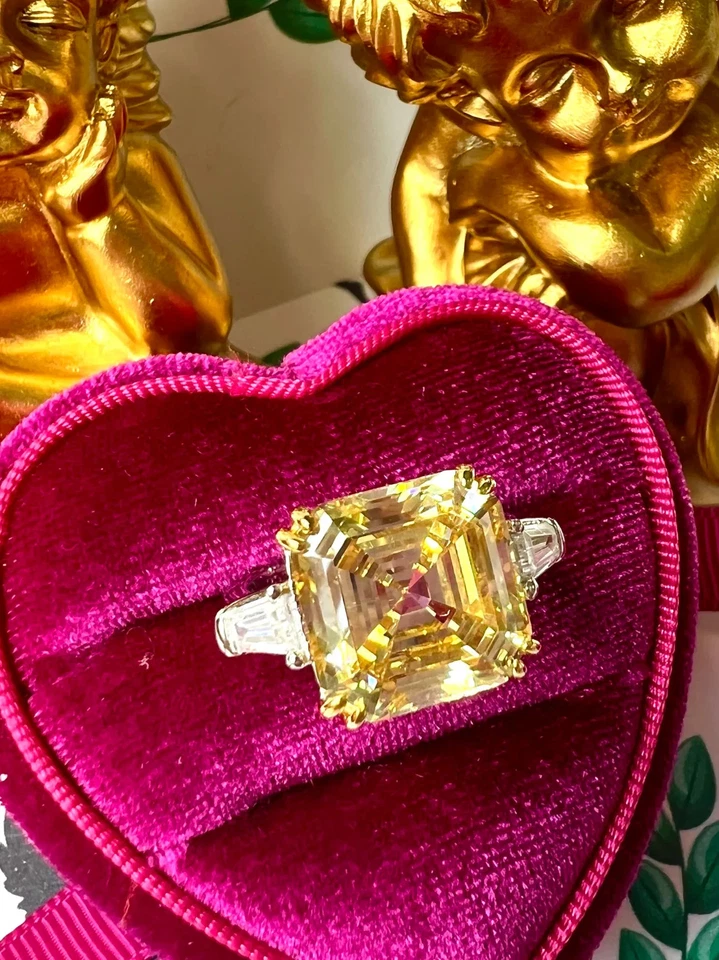 5.50 Ct Asscher Cut Certified Real Yellow Sapphire Diamond Ring 14K White Gold - Image 3 of 4