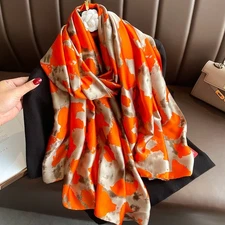 Large Orange Tan Abstract Camouflage Silk Feel Satin Scarf Shawl Wrap 70"x35"