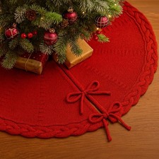 24 Inch Red Knitted Small Christmas Tree Skirt, Chunky Cable Knit with Braide...