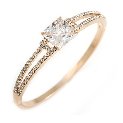 Show Off Crystal, Princess Cut Cz Bangle Bracelet in Polished Gold Tone Metal -