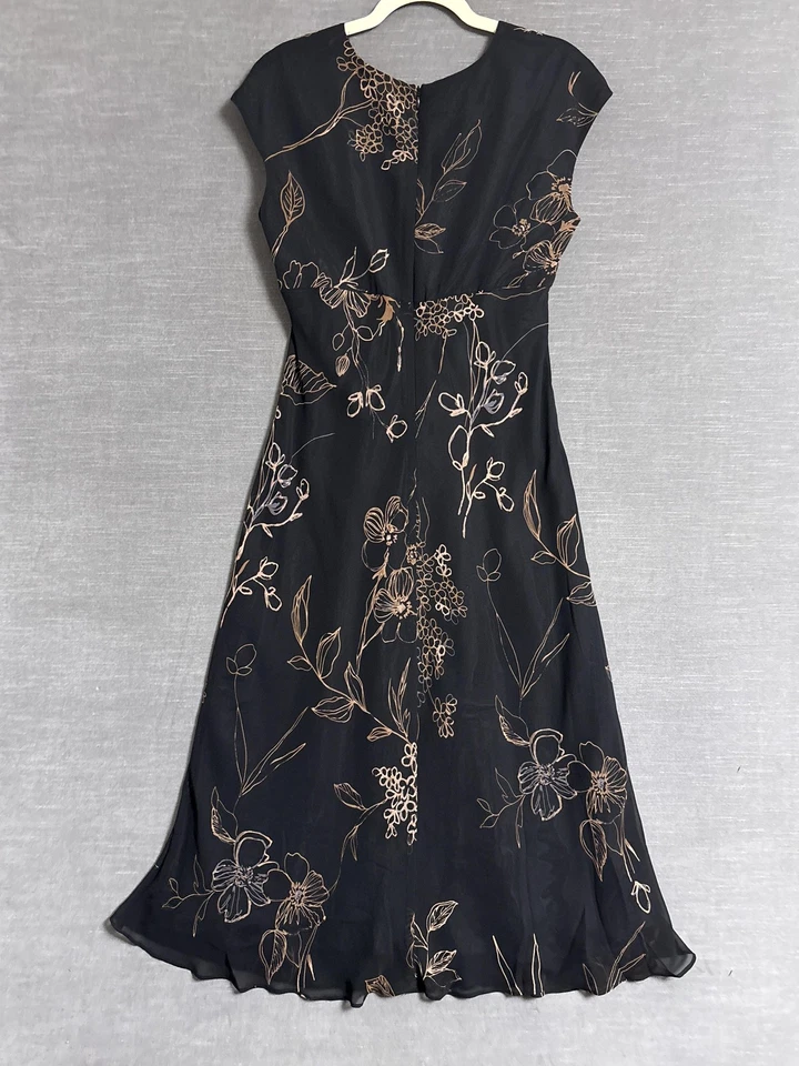 Vintage Jones Dress 10 Black Gold Floral Chiffon A Line 90s y2k Midi Babydoll - Image 2 of 4