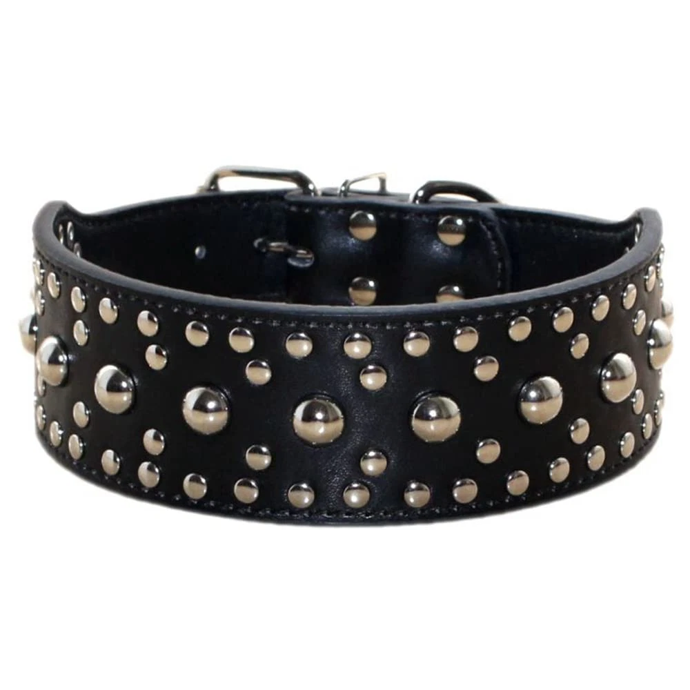 Studded Dog Collar PU Leather Pet Neck Strap Black Fits 1720 Inch Medium