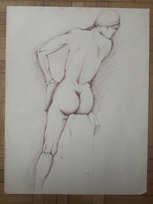 Vintage 1960s Pen Drawing Paper Figure Study Woman 18 x 23 OOAK Dated Signed