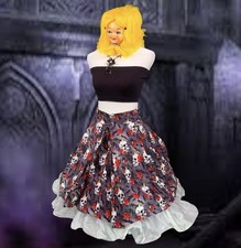 SKIRT SKULL ROSE BAT ROCKABILLY VAMPIRE PIN UP GOTH HALLOWEEN WHIMSIGOTH VTG S