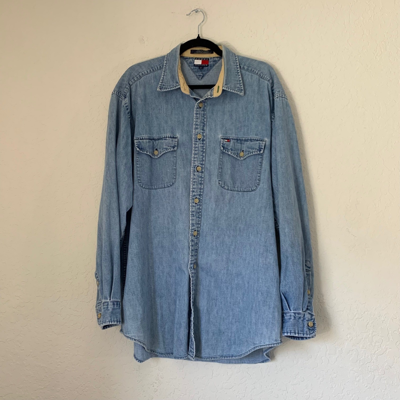 Vintage 90s Tommy Hilfiger Denim Shirt Men Large Light Wash Distressed Western
