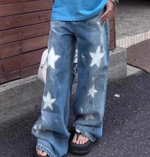 Men's Blue Denim Jeans Straight Leg Stars Printed Casual Pants Punk Trousers New