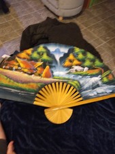 Vintage Hand Painted Chinese Folding Bamboo Wall Fan Extra Large Decorative