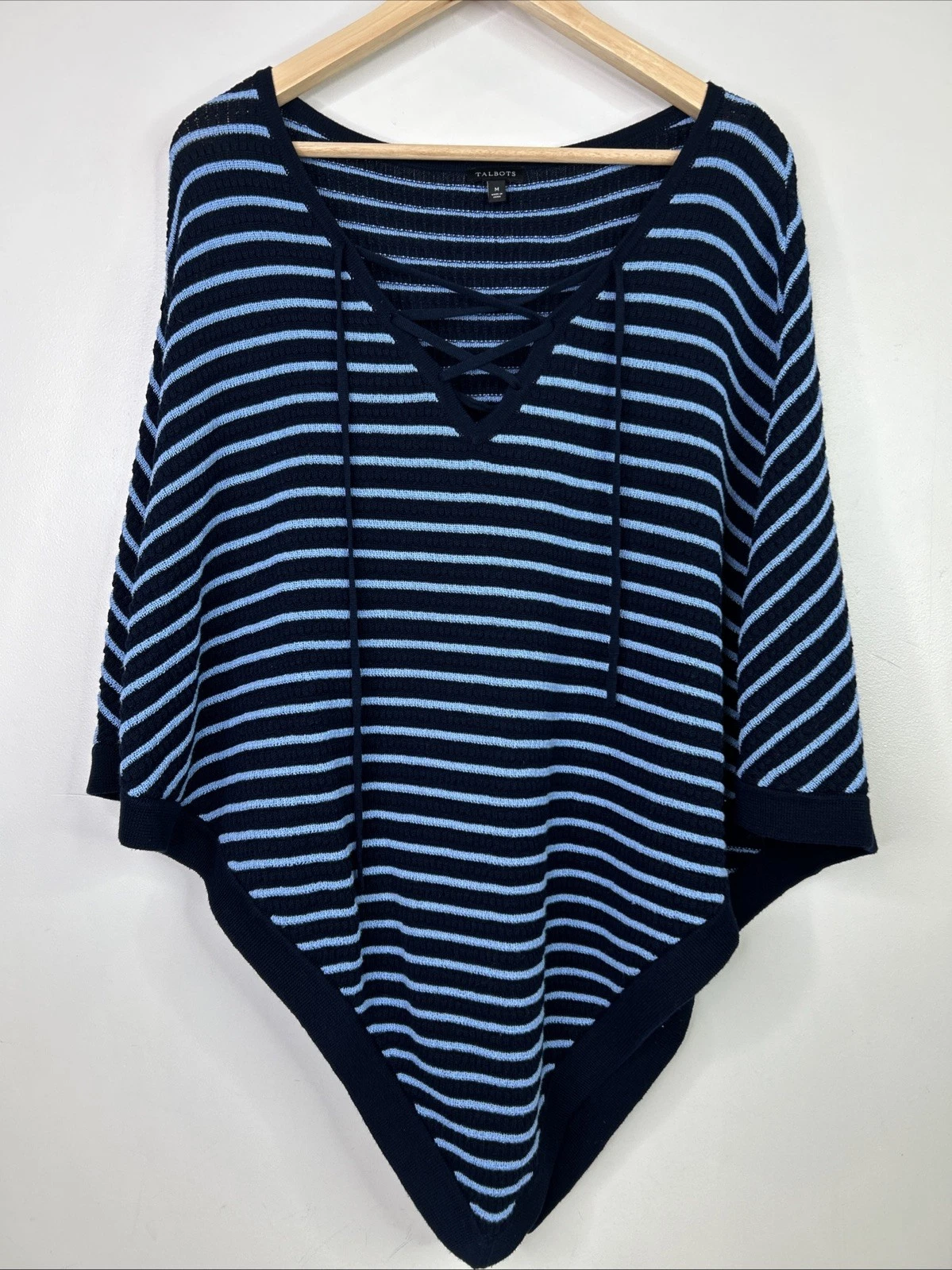 Talbots Women’s M Blue Lace Up Lightweight Striped V Neck Poncho Cape