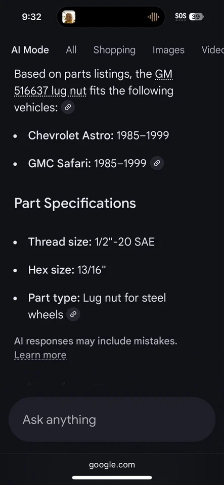 批量 5 件 全新 原始设备制造商 通用 516637 凸耳螺母 1/2 英寸 - 20 SAE 适合 1985 - 1999 年 雪佛兰 Astro GMC — 第 3/4 张图片