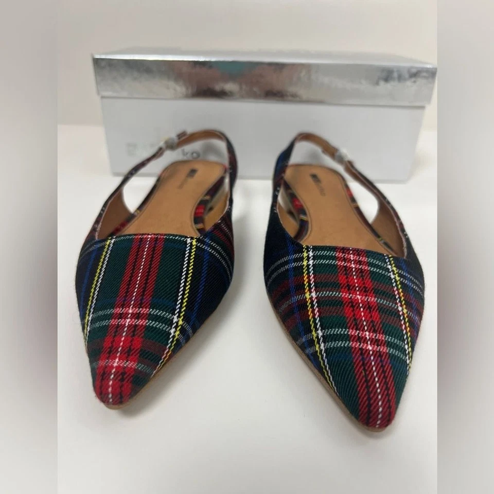 NIB Matiko Lori Green Tartan Flat Pointed Toe Slingback Holiday Preppy Size 6.5 - Image 4 of 4