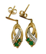 9ct Yellow Gold, Emerald & Diamond Drop Earrings Vintage c1970
