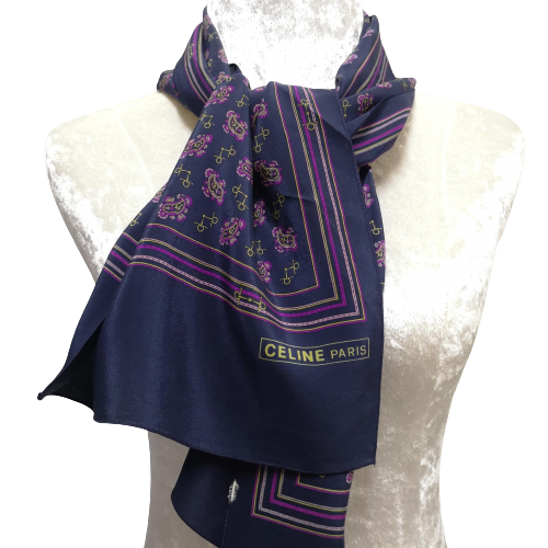 C106 Celine Scarf Vintage Blue Purple Silk Rectangle 46x11