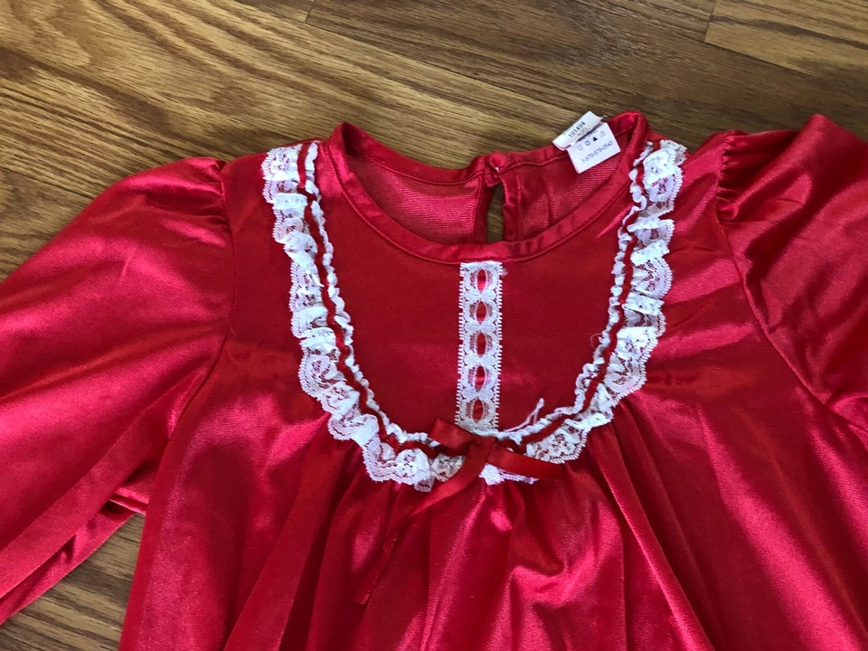 Camisón Largo De Colección Laura Dare Niñas Rojo y Encaje Nylon/Encaje Sedoso Talla 6X/7 EE. UU. Foto 3 de 4