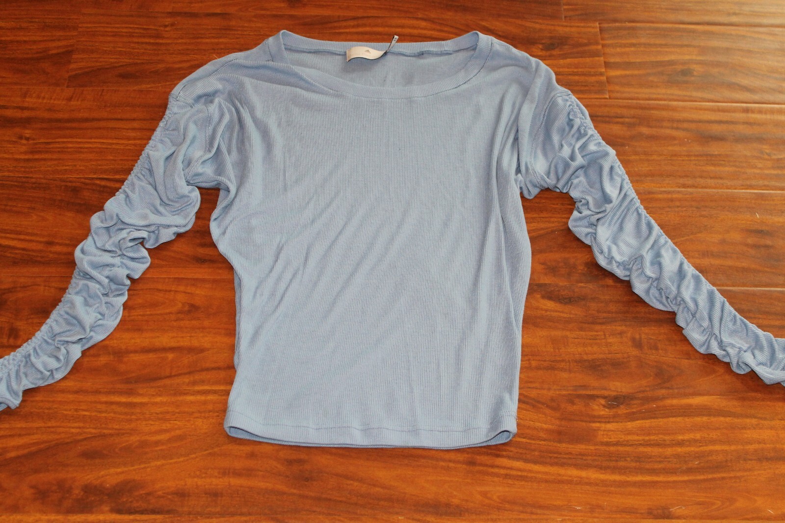 STELLA MCCARTNEY FOR ADIDAS SCOOP NECK BLUE LONG RUCHED SLEEVE TOP PULLOVER XS S