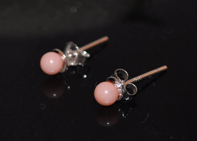 1 Paire Boucles d'oreilles Puces Perles Rondes Corail Rose & Argent 925 -Neuve ! - Photo 1/2