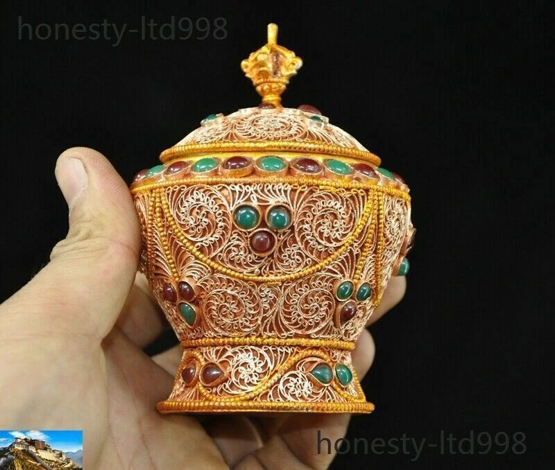 Filigrana de prata tibetana tibetana antiga 4" ouro 24k dourada incrustada gema tanques pote de crock - Imagem 4 de 4